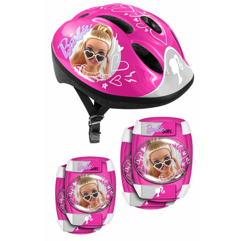 Set casca protectie, genunchiere si cotiere, Stamp, Sigure si confortabile, Reglabile, Conform cu EN1078, Marime 50/56 cm, 3 ani+, Barbie - gogobaby.ro