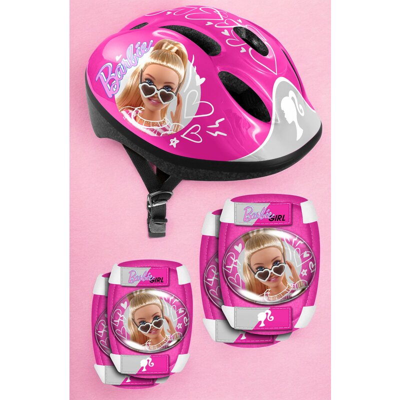 Set casca protectie, genunchiere si cotiere, Stamp, Sigure si confortabile, Reglabile, Conform cu EN1078, Marime 50/56 cm, 3 ani+, Barbie - gogobaby.ro