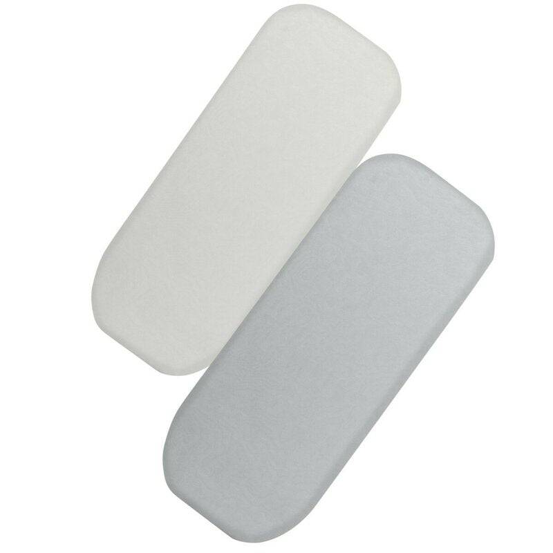 Set cearceafuri cu elastic, Lionelo, 70x28 cm, Pentru landouri si patutul co-sleeper Malin, Pentru saltele de max. 10 cm inaltime, Din bambus, Usor de spalat, 30 grade, Fara calcare, Ecologic, Alb/Gri