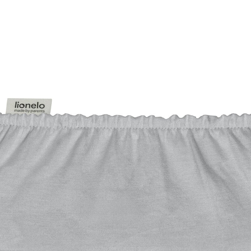 Set cearceafuri cu elastic, Lionelo, Pentru patuturi 120 x 60 cm, Pentru saltele de max. 10 cm inaltime, Din bambus, Usor de spalat, 30 grade, Fara calcare, Ecologic, Alb/Gri