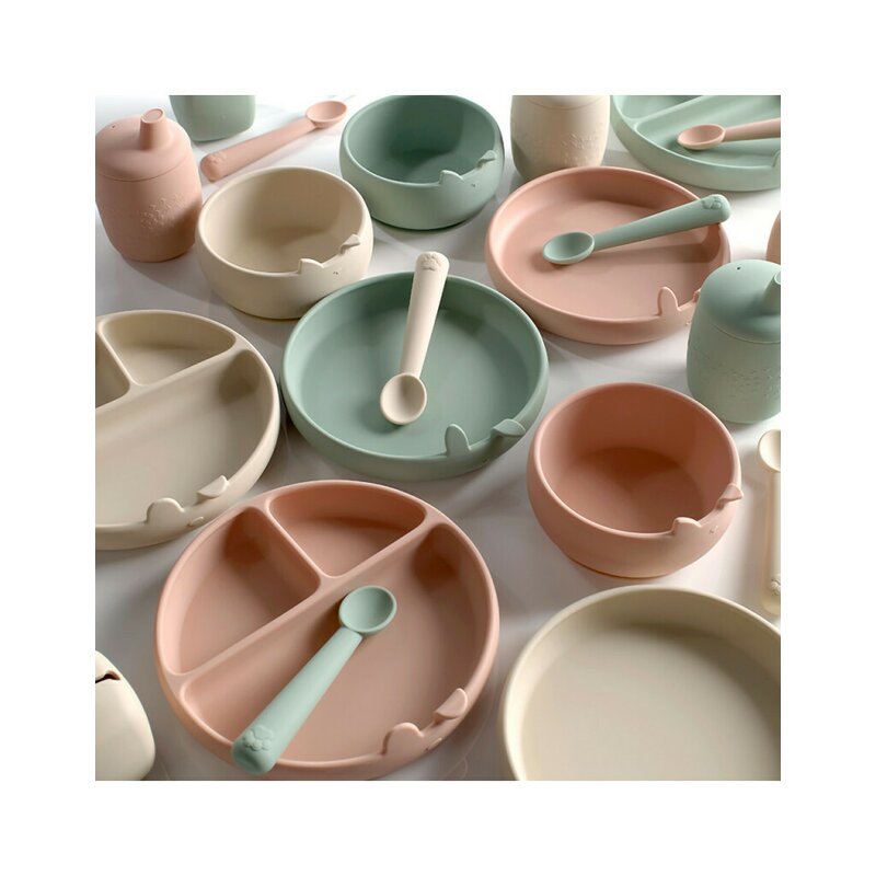 Set complet de masa, Jane, Din silicon, Cu 4 piese, Farfurie, Bol, Lingurita si pahar, BPA free, Pale