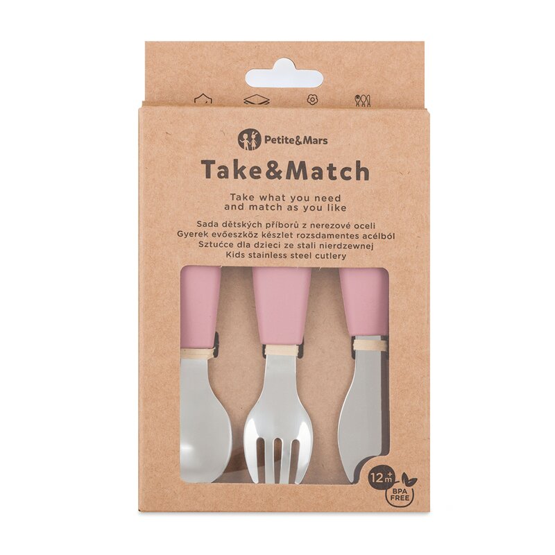 Set complet tacamuri, Petite&Mars, Take&Match, Din silicon si otel inoxidabil, Fara BPA, 12 luni+, Roz
