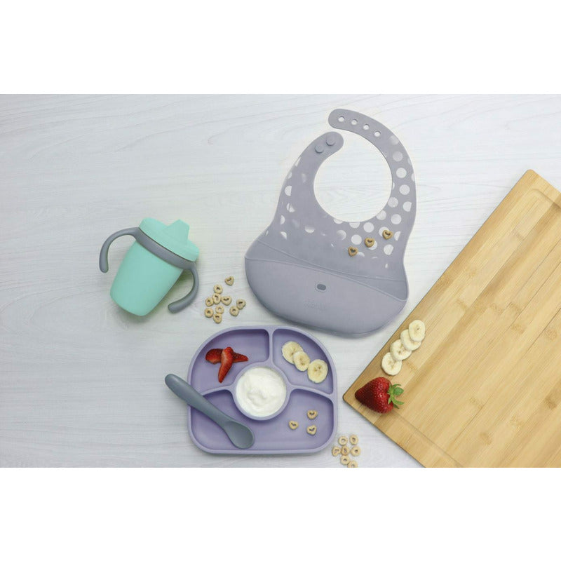 Set de masa complet, BBluv, Set, Include farfurie compartimentata, baveta portabila cu buzunar, Canuta si lingurita, Silicon, Fara BPA, Violet