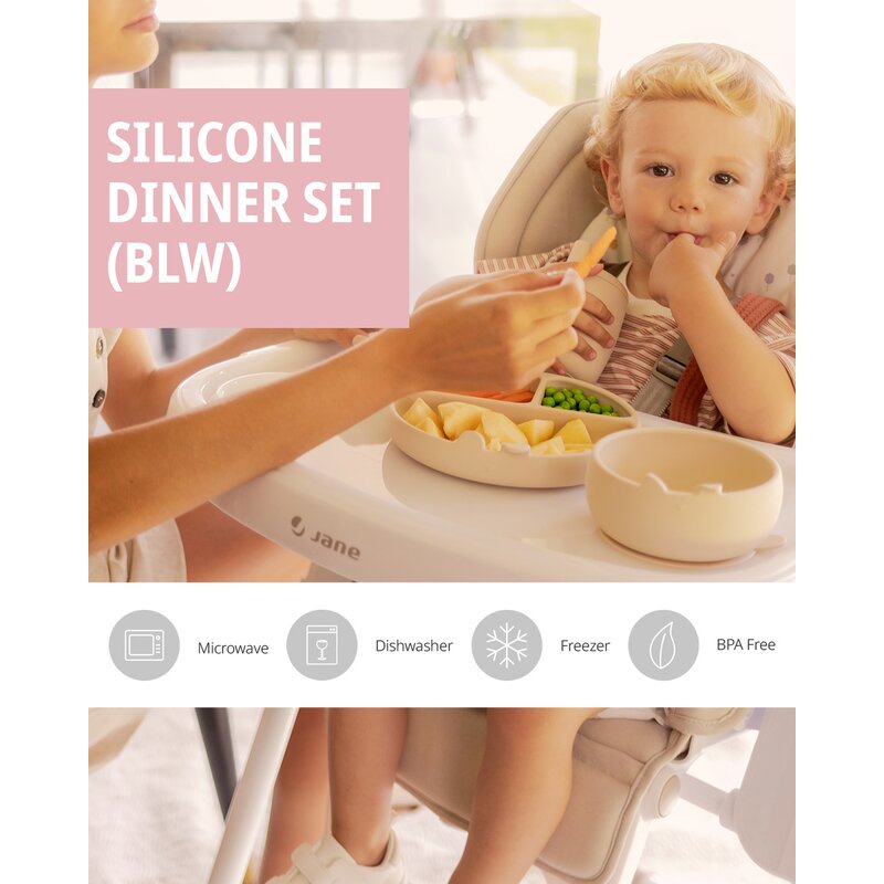 Set de masa, Jane, Din silicon, 2 piese, Cu bol si lingurita, BPA Free, Sand