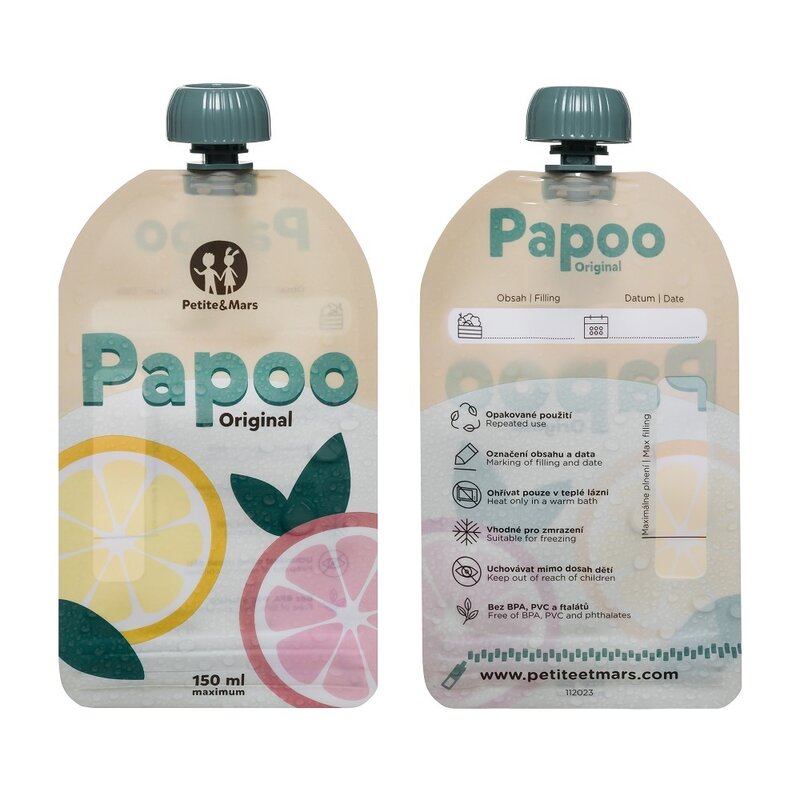Set de pungi, Petite&Mars, Papoo, Pentru mancare, Reutilizabile, Perfect pentru calatorii, Fara BPA, 150 ml, Multicolor