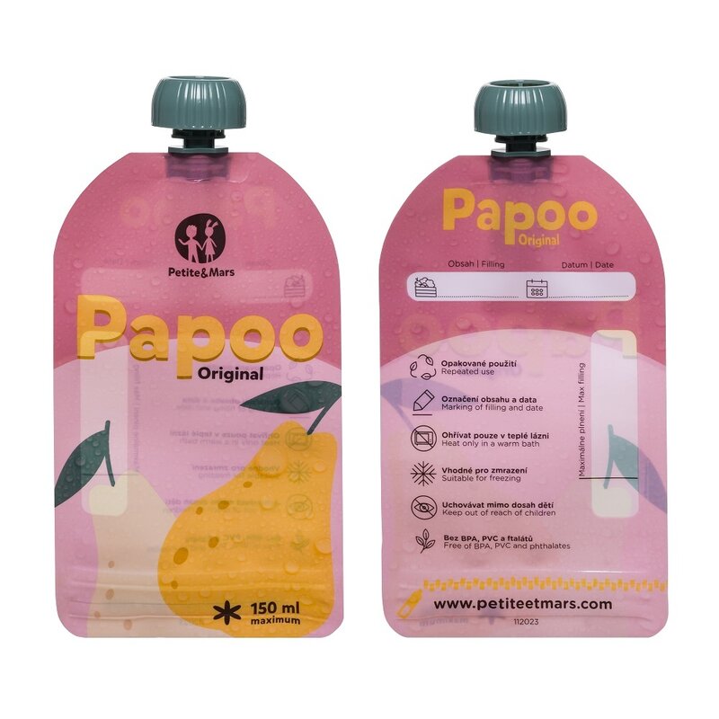 Set de pungi, Petite&Mars, Papoo, Pentru mancare, Reutilizabile, Perfect pentru calatorii, Fara BPA, 150 ml, Multicolor