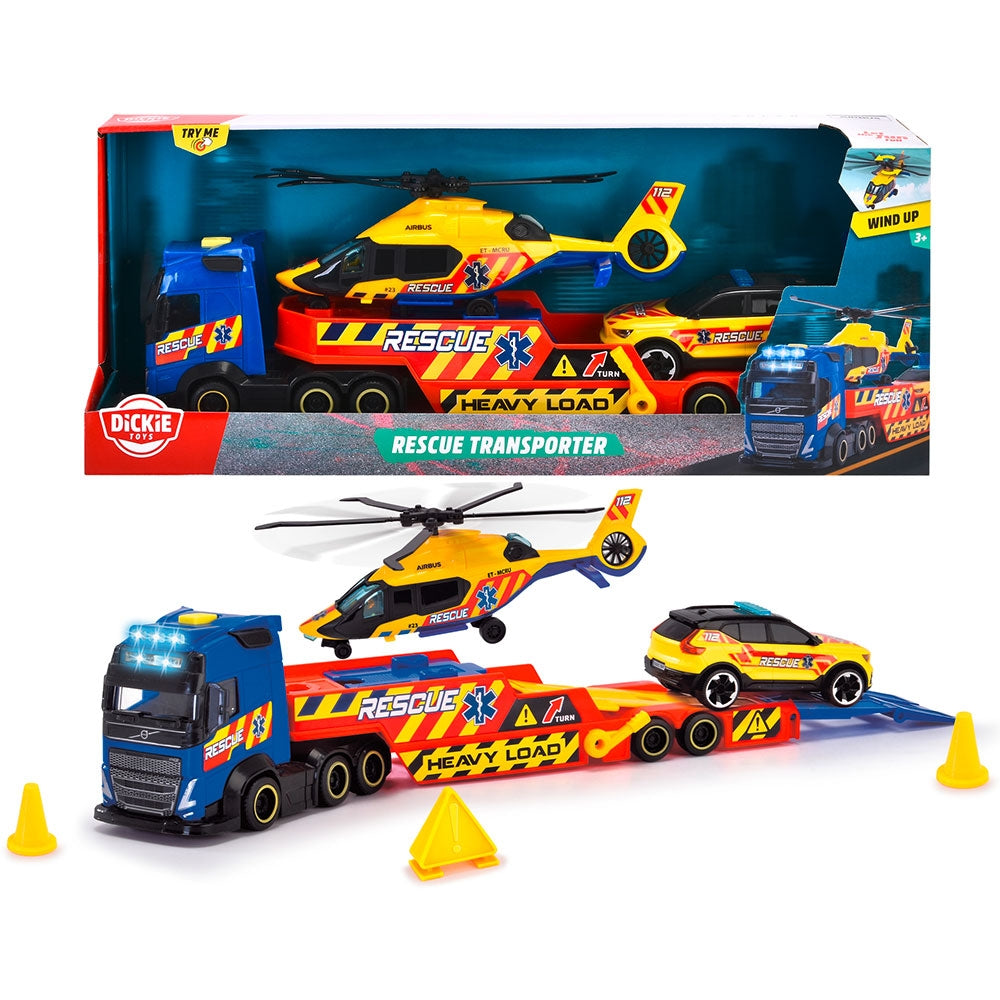 Set Dickie Toys Rescue Transporter 40 cm cu camion, masina, elicopter si accesorii - gogobaby.ro