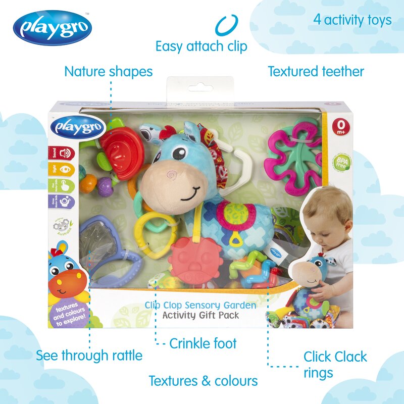 Set jucarii carucior si dentitie, Playgro, Clip Clop, Cu 3 jucarii, Cu 3 inele pentru dentitie, Cu diverse forme si texturi, Cu sunete si zornaieli, Dezvolta abilitatile motorii si imaginatia, 0 luni+, Clip Clop Sensory Garden Activity Gift Pack