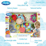 Set jucarii carucior si dentitie, Playgro, Clip Clop, Cu 3 jucarii, Cu 3 inele pentru dentitie, Cu diverse forme si texturi, Cu sunete si zornaieli, Dezvolta abilitatile motorii si imaginatia, 0 luni+, Clip Clop Sensory Garden Activity Gift Pack