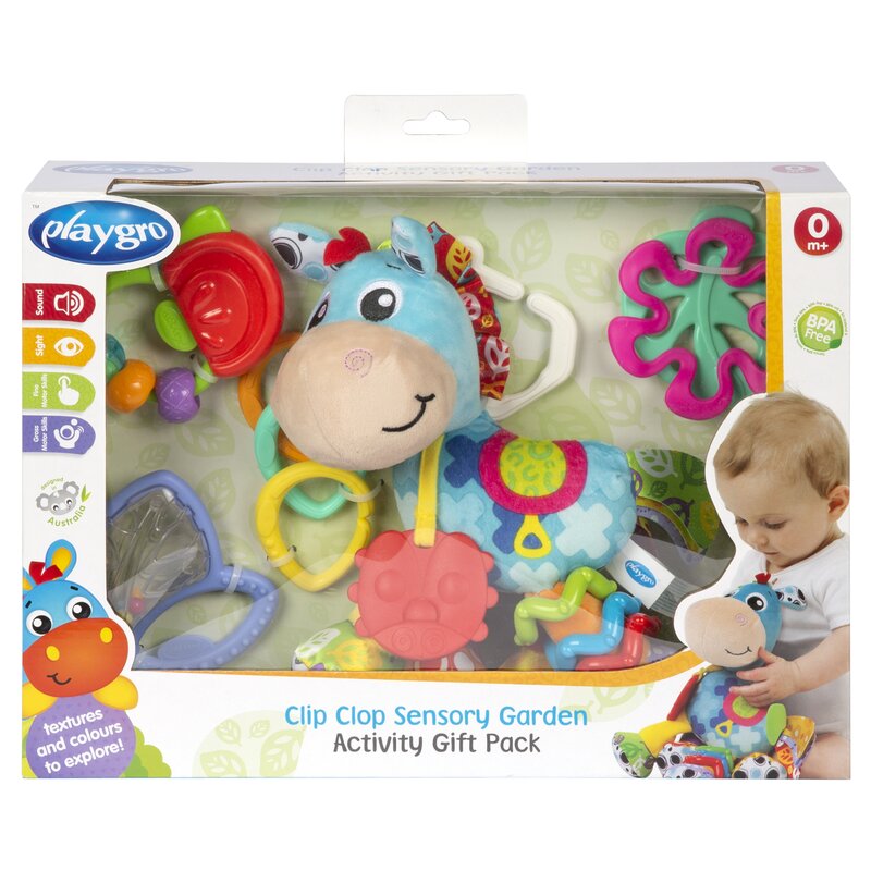 Set jucarii carucior si dentitie, Playgro, Clip Clop, Cu 3 jucarii, Cu 3 inele pentru dentitie, Cu diverse forme si texturi, Cu sunete si zornaieli, Dezvolta abilitatile motorii si imaginatia, 0 luni+, Clip Clop Sensory Garden Activity Gift Pack