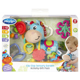 Set jucarii carucior si dentitie, Playgro, Clip Clop, Cu 3 jucarii, Cu 3 inele pentru dentitie, Cu diverse forme si texturi, Cu sunete si zornaieli, Dezvolta abilitatile motorii si imaginatia, 0 luni+, Clip Clop Sensory Garden Activity Gift Pack