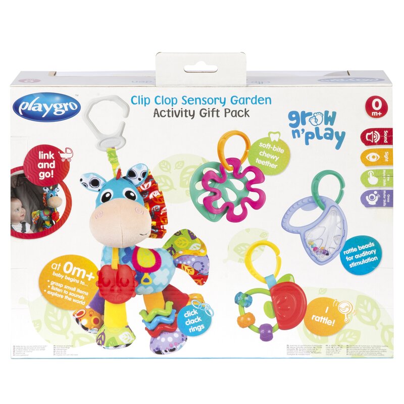 Set jucarii carucior si dentitie, Playgro, Clip Clop, Cu 3 jucarii, Cu 3 inele pentru dentitie, Cu diverse forme si texturi, Cu sunete si zornaieli, Dezvolta abilitatile motorii si imaginatia, 0 luni+, Clip Clop Sensory Garden Activity Gift Pack