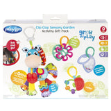Set jucarii carucior si dentitie, Playgro, Clip Clop, Cu 3 jucarii, Cu 3 inele pentru dentitie, Cu diverse forme si texturi, Cu sunete si zornaieli, Dezvolta abilitatile motorii si imaginatia, 0 luni+, Clip Clop Sensory Garden Activity Gift Pack