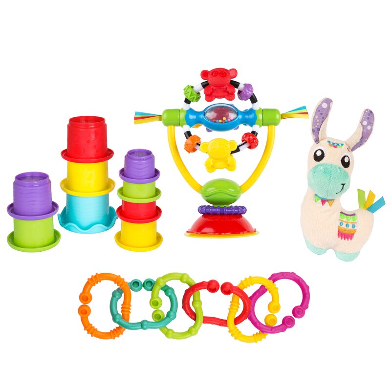 Set jucarii interactive, Playgro, Include 6 cupe pentru stivuire, 6 inele, o jucarie din plus si o jucarie cu ventuza, 6 luni+, Sensory Llama Explore and Play Gift Pack