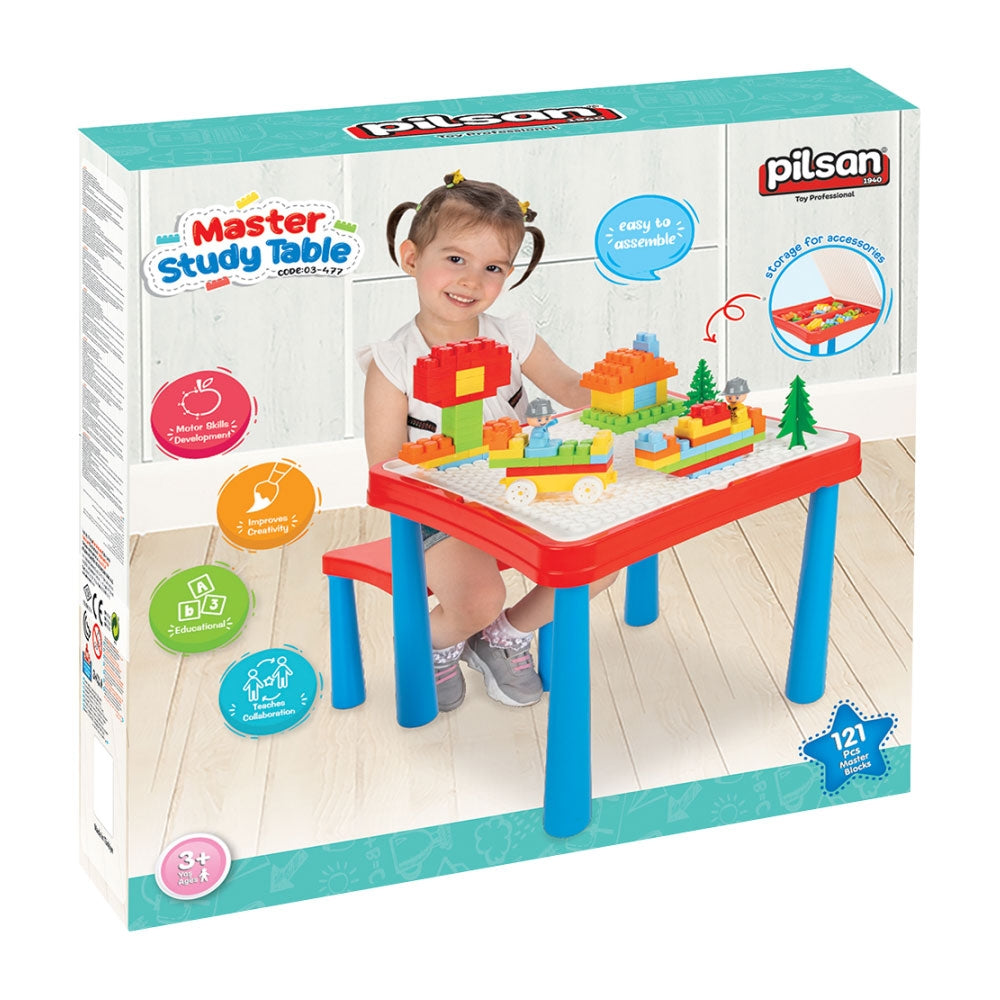 Set masuta cu scaune si cuburi Pilsan Master Study Table cu 121 piese - gogobaby.ro