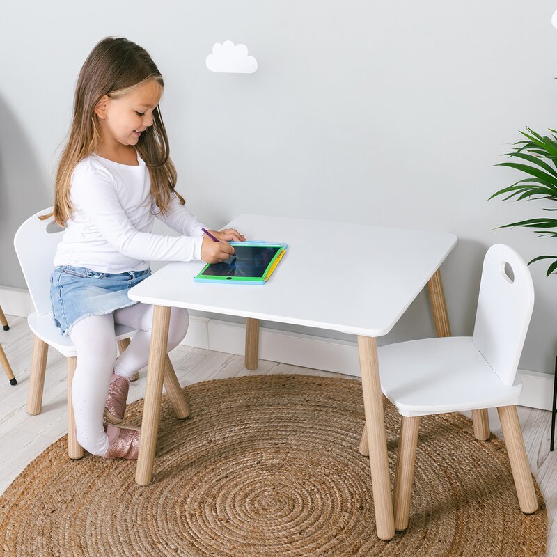 Set masuta si doua scaune, FreeON, Athena, Pentru copii, Din lemn, Conform cu standardele europene de securitate EN71-1;2018, EN71-2:2020, EN71-3:2021, Alb - gogobaby.ro