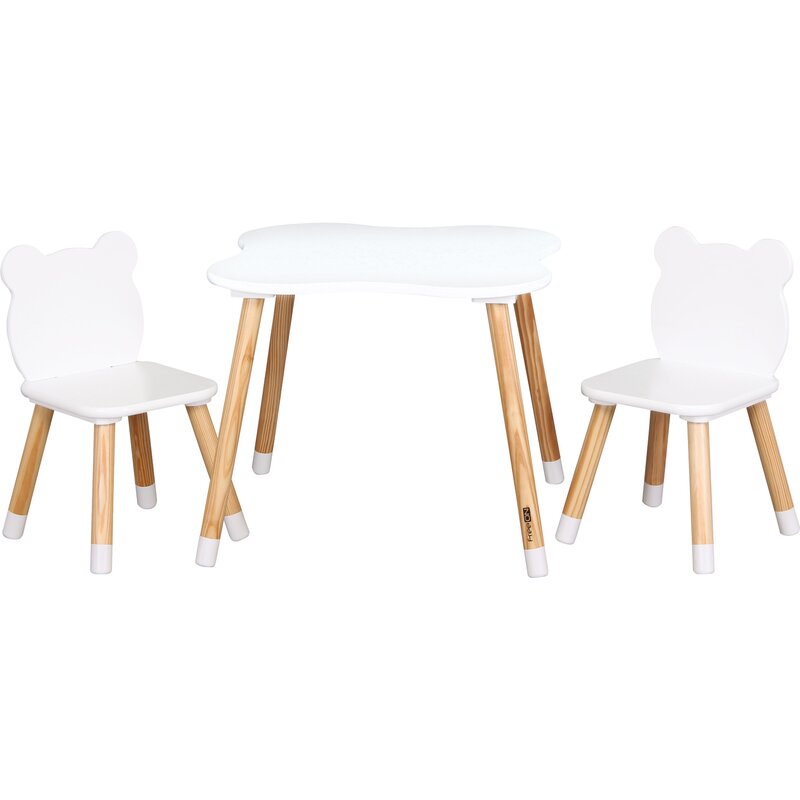 Set masuta si doua scaune, FreeON, Bear, Pentru copii, Din lemn, Cu marginile rotunjite, Conform cu standardele europene de securitate EN71-1;2018, EN71-2:2020, EN71-3:2021, Alb - gogobaby.ro