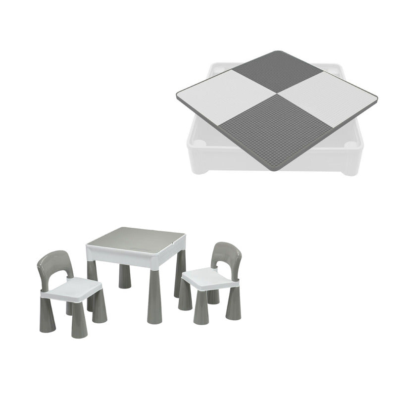 Set masuta si doua scaune, New Baby, Pentru copii, Grey and White, Cu parte detasabila si reversibila, Partea reversibila pentru Lego Duplo - gogobaby.ro