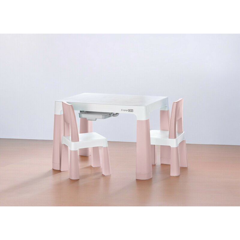 Set masuta si doua scaune, FreeON, Neo, Pentru copii, Cu doua sertare, Cu masa reglabila la doua inaltimi, Conform cu standardele europene de securitate EN71-1;2018, EN71-2:2020, EN71-3:2021, Roz