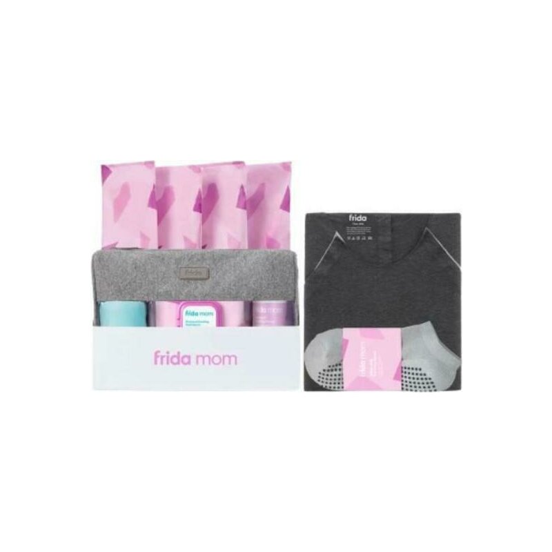 Set maternitate si recuperare, Frida Mom, Camasa alaptare si nastere, Sosete, Recipient perineal, 4 chiloti de unica folosinta, 4 tampoane Ice Maxi, 24 placute racoritoare, Spuma pentru recuperare 150 ml, Geanta organizatoare, Alb/Gri