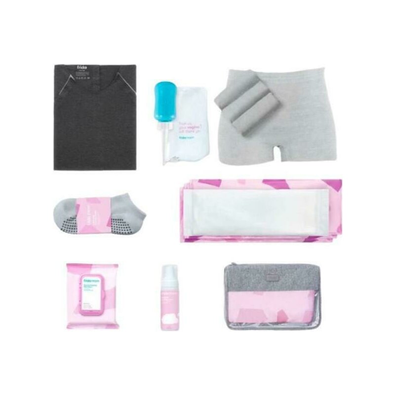 Set maternitate si recuperare, Frida Mom, Camasa alaptare si nastere, Sosete, Recipient perineal, 4 chiloti de unica folosinta, 4 tampoane Ice Maxi, 24 placute racoritoare, Spuma pentru recuperare 150 ml, Geanta organizatoare, Alb/Gri