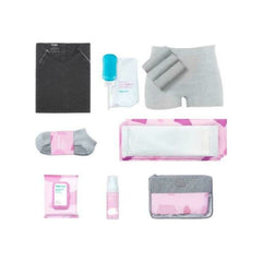 Set maternitate si recuperare, Frida Mom, Camasa alaptare si nastere, Sosete, Recipient perineal, 4 chiloti de unica folosinta, 4 tampoane Ice Maxi, 24 placute racoritoare, Spuma pentru recuperare 150 ml, Geanta organizatoare, Alb/Gri
