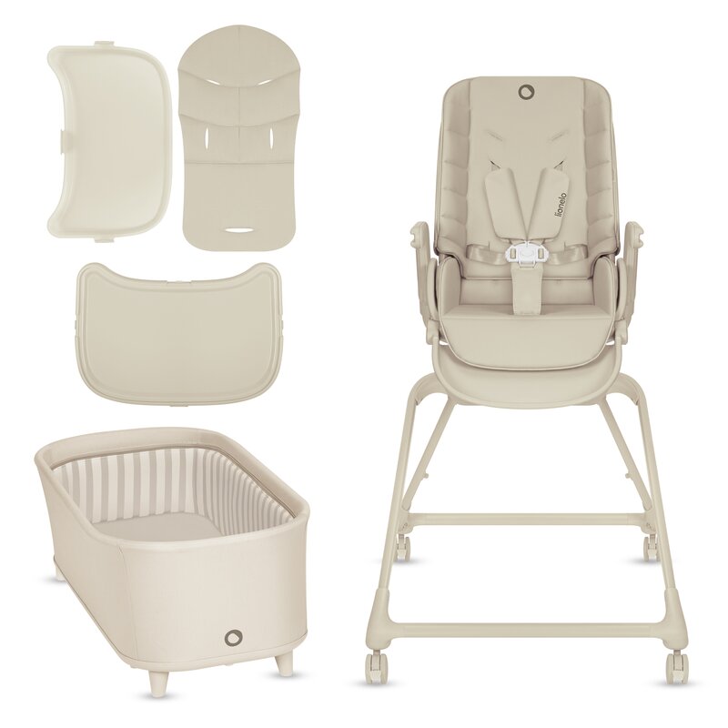 Set multifunctional cu patut, sezlong si scaun de masa, Lionelo, Maddie, Functie 360, Pliere rapida, Roti incluse, Reglaj pentru sezut si suportul de picioare, Husa detasabila, lavabila, 0-36 luni, Pana la 15 kg, Bej