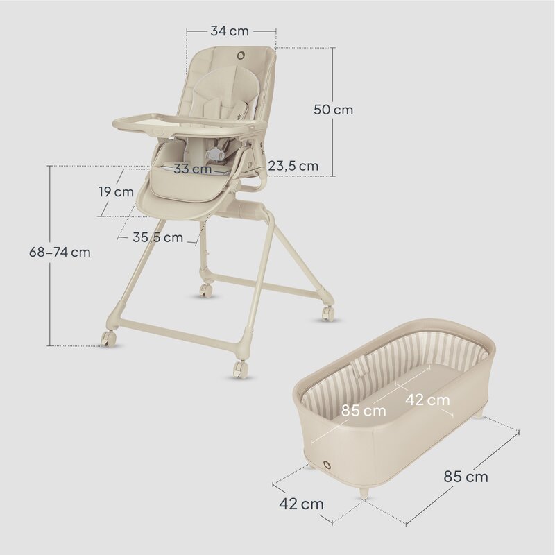 Set multifunctional cu patut, sezlong si scaun de masa, Lionelo, Maddie, Functie 360, Pliere rapida, Roti incluse, Reglaj pentru sezut si suportul de picioare, Husa detasabila, lavabila, 0-36 luni, Pana la 15 kg, Bej