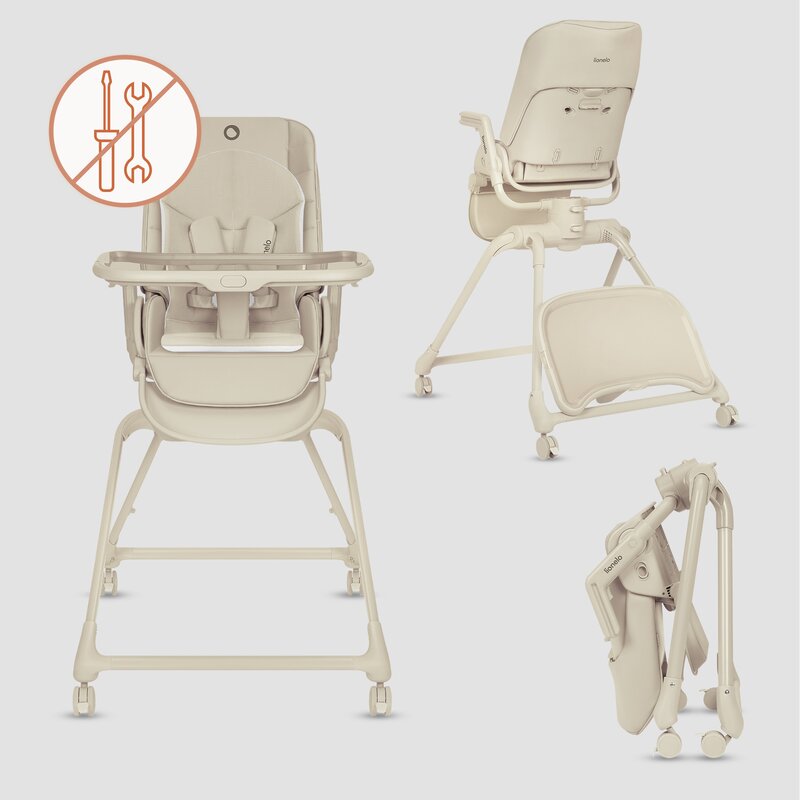 Set multifunctional cu patut, sezlong si scaun de masa, Lionelo, Maddie, Functie 360, Pliere rapida, Roti incluse, Reglaj pentru sezut si suportul de picioare, Husa detasabila, lavabila, 0-36 luni, Pana la 15 kg, Bej