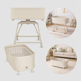 Set multifunctional cu patut, sezlong si scaun de masa, Lionelo, Maddie, Functie 360, Pliere rapida, Roti incluse, Reglaj pentru sezut si suportul de picioare, Husa detasabila, lavabila, 0-36 luni, Pana la 15 kg, Bej