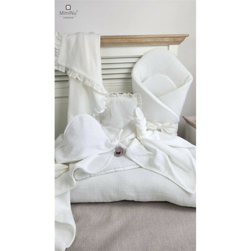 Set paturica si perna, MimiNu, Cu fata de perna inclusa Din muselina bumbac certificat Oeko Tex Standard 100, Perna 30x35cm, Paturica 60x70cm, Cu volane, Cream