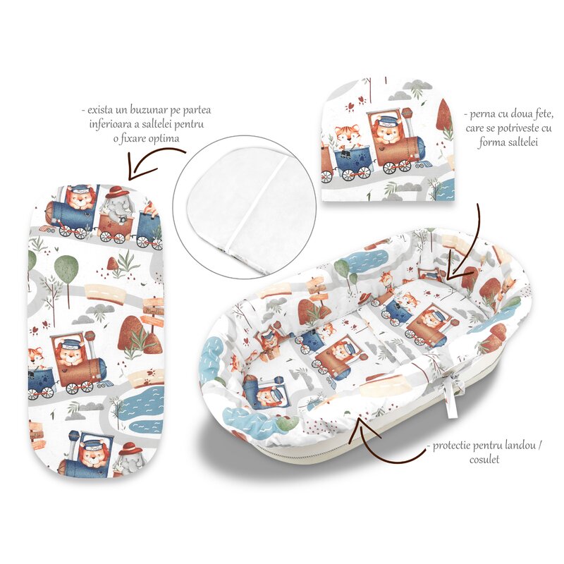 Set pentru landou/cosulet, MimiNu, Cu protectie, saltea si pernuta, Din bumbac certificat Oeko Tex Standard 100, Design, Zoo in train