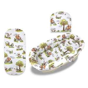 Set pentru landou/cosulet, Qmini, Cu protectie, saltea si pernuta, Din bumbac certificat Oeko Tex Standard 100, Fox on bikes Natural