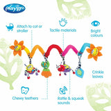 Spirala cu jucarii, Playgro, Multifunctionale pentru carucior, scoica auto si patut, Cu jucarie de dentitie, Amazing Garden Twirly Whirly, 33 cm