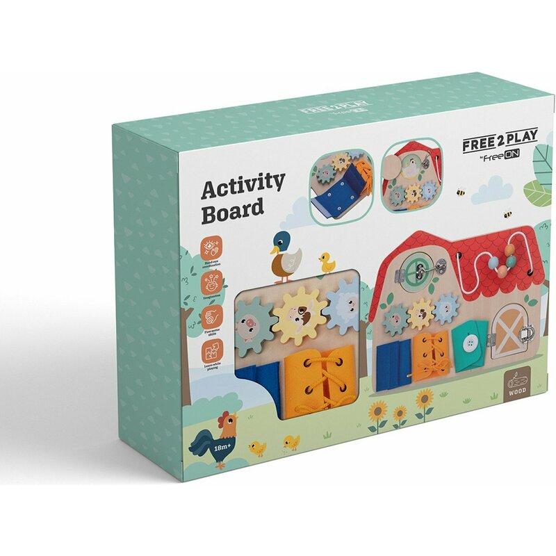 Tablita cu activitati, Free2Play, Din lemn, Cu elemente interactive, Dezvolta coordonarea mana-ochi, 40x30x6,5 cm, 18 luni+, Multicolor - gogobaby.ro