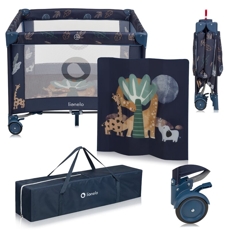 Tarc de joaca copii, Lionelo, Bonnie, Pana la 15 kg, 100 x 100 cm, Pliere compacta, Include geanta de transport, Din plasa, Cu intrare laterala cu fermoar, Cu roti, Cu salteluta din spuma, Conform cu EN12227, Albastru - gogobaby.ro