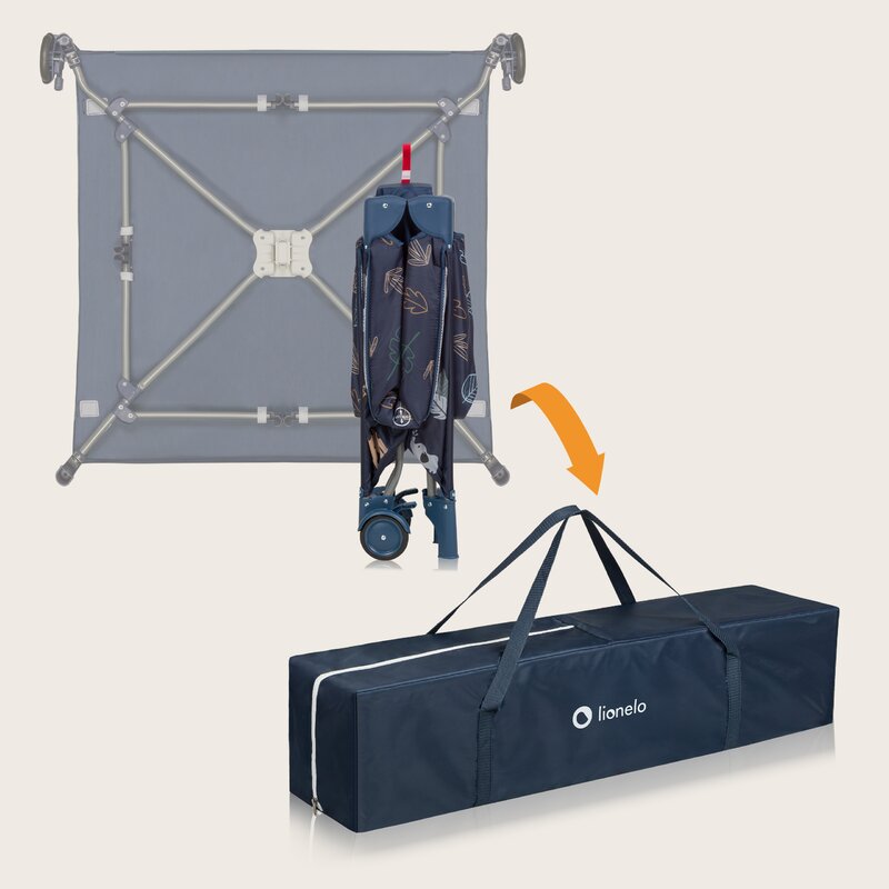 Tarc de joaca copii, Lionelo, Bonnie, Pana la 15 kg, 100 x 100 cm, Pliere compacta, Include geanta de transport, Din plasa, Cu intrare laterala cu fermoar, Cu roti, Cu salteluta din spuma, Conform cu EN12227, Albastru - gogobaby.ro