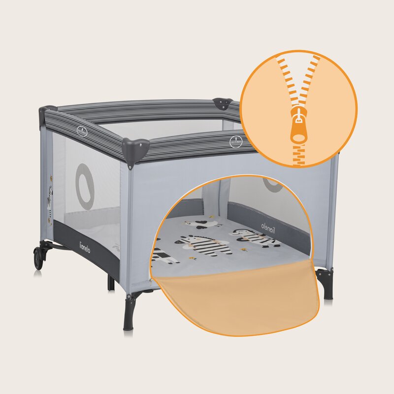 Tarc de joaca copii, Lionelo, Bonnie, Pana la 15 kg, 100 x 100 cm, Pliere compacta, Include geanta de transport, Din plasa, Cu intrare laterala cu fermoar, Cu roti, Cu salteluta din spuma, Conform cu EN12227, Gri deschis - gogobaby.ro