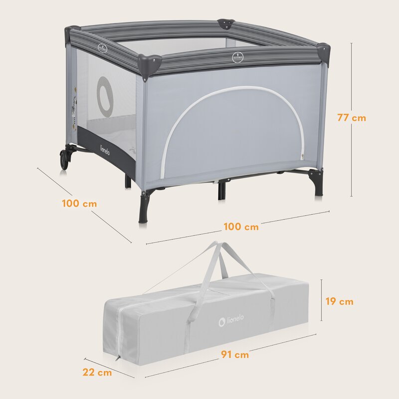 Tarc de joaca copii, Lionelo, Bonnie, Pana la 15 kg, 100 x 100 cm, Pliere compacta, Include geanta de transport, Din plasa, Cu intrare laterala cu fermoar, Cu roti, Cu salteluta din spuma, Conform cu EN12227, Gri deschis - gogobaby.ro