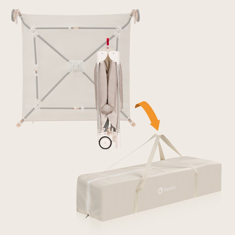 Tarc de joaca copii, Lionelo, Bonnie, Pana la 15 kg, 100 x 100 cm, Pliere compacta, Include geanta de transport, Din plasa, Cu intrare laterala cu fermoar, Cu roti, Cu salteluta din spuma, Conform cu EN12227, Bej - gogobaby.ro