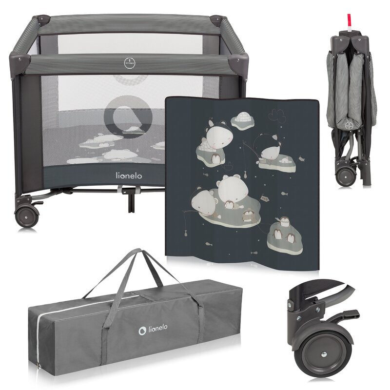 Tarc de joaca copii, Lionelo, Bonnie, Pana la 15 kg, 100 x 100 cm, Pliere compacta, Include geanta de transport, Din plasa, Cu intrare laterala cu fermoar, Cu roti, Cu salteluta din spuma, Conform cu EN12227, Gri inchis