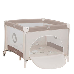 Tarc de joaca copii, Lionelo, Bonnie, Pana la 15 kg, 100 x 100 cm, Pliere compacta, Include geanta de transport, Din plasa, Cu intrare laterala cu fermoar, Cu roti, Cu salteluta din spuma, Conform cu EN12227, Bej