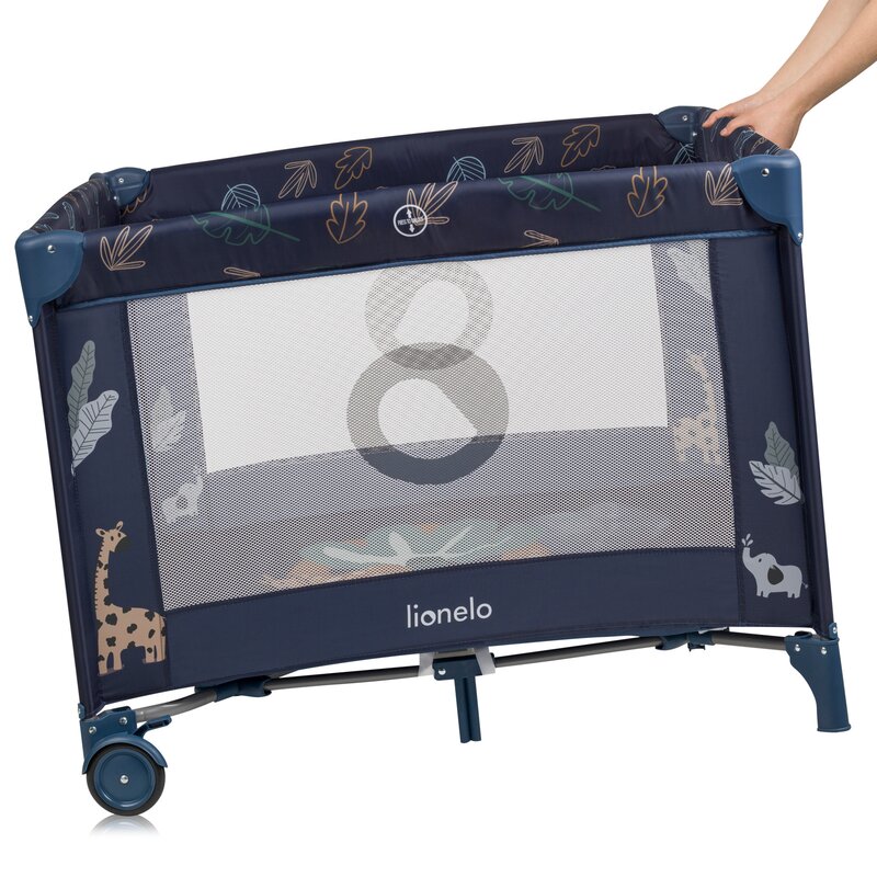Tarc de joaca copii, Lionelo, Bonnie, Pana la 15 kg, 100 x 100 cm, Pliere compacta, Include geanta de transport, Din plasa, Cu intrare laterala cu fermoar, Cu roti, Cu salteluta din spuma, Conform cu EN12227, Albastru - gogobaby.ro