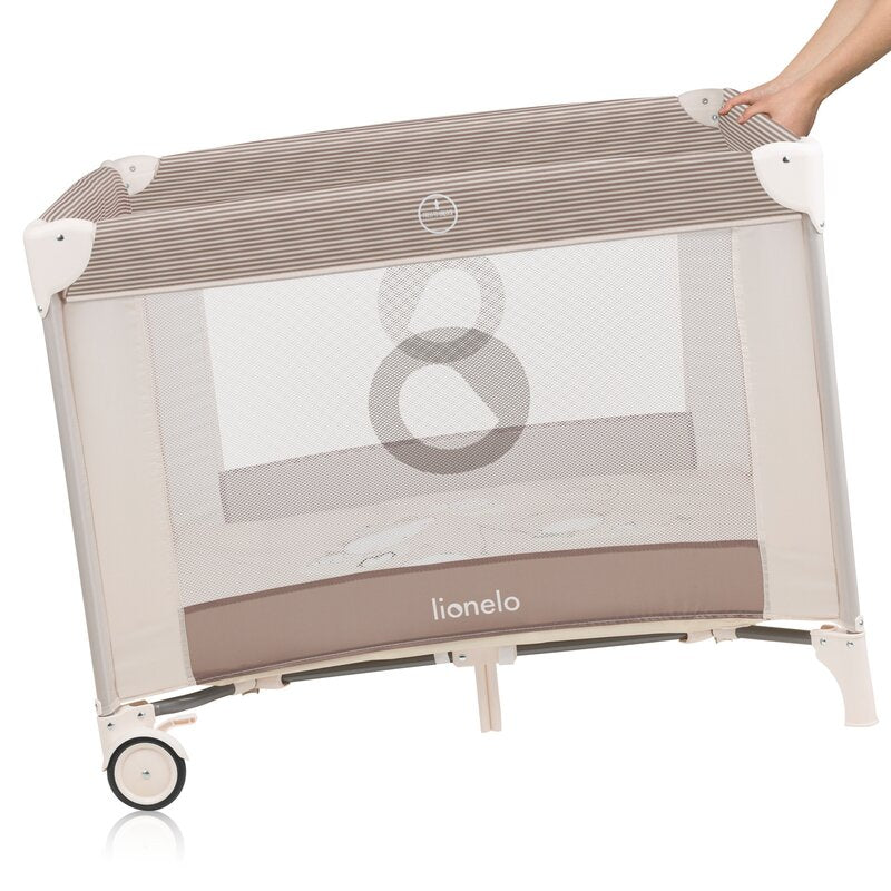 Tarc de joaca copii, Lionelo, Bonnie, Pana la 15 kg, 100 x 100 cm, Pliere compacta, Include geanta de transport, Din plasa, Cu intrare laterala cu fermoar, Cu roti, Cu salteluta din spuma, Conform cu EN12227, Bej - gogobaby.ro