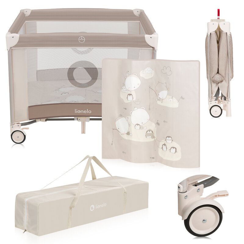 Tarc de joaca copii, Lionelo, Bonnie, Pana la 15 kg, 100 x 100 cm, Pliere compacta, Include geanta de transport, Din plasa, Cu intrare laterala cu fermoar, Cu roti, Cu salteluta din spuma, Conform cu EN12227, Bej