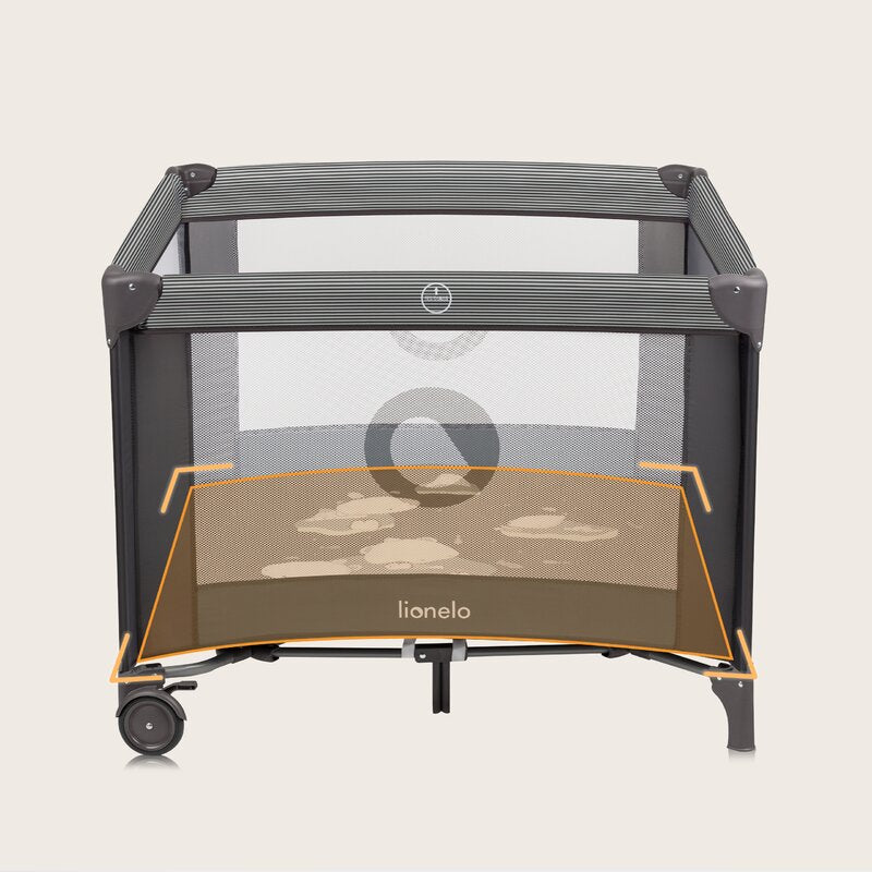 Tarc de joaca copii, Lionelo, Bonnie, Pana la 15 kg, 100 x 100 cm, Pliere compacta, Include geanta de transport, Din plasa, Cu intrare laterala cu fermoar, Cu roti, Cu salteluta din spuma, Conform cu EN12227, Gri inchis