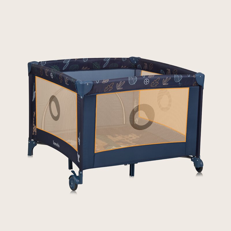 Tarc de joaca copii, Lionelo, Bonnie, Pana la 15 kg, 100 x 100 cm, Pliere compacta, Include geanta de transport, Din plasa, Cu intrare laterala cu fermoar, Cu roti, Cu salteluta din spuma, Conform cu EN12227, Albastru