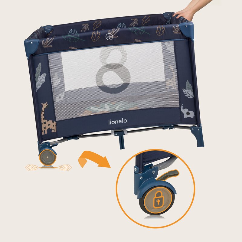 Tarc de joaca copii, Lionelo, Bonnie, Pana la 15 kg, 100 x 100 cm, Pliere compacta, Include geanta de transport, Din plasa, Cu intrare laterala cu fermoar, Cu roti, Cu salteluta din spuma, Conform cu EN12227, Albastru - gogobaby.ro