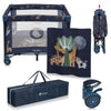 Tarc de joaca copii, Lionelo, Bonnie, Pana la 15 kg, 100 x 100 cm, Pliere compacta, Include geanta de transport, Din plasa, Cu intrare laterala cu fermoar, Cu roti, Cu salteluta din spuma, Conform cu EN12227, Albastru