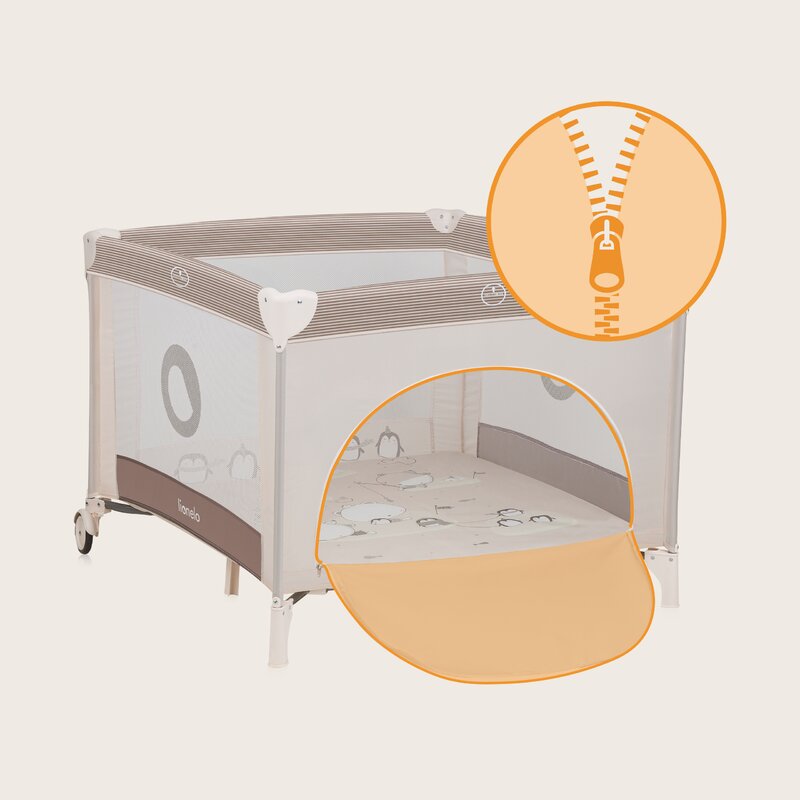 Tarc de joaca copii, Lionelo, Bonnie, Pana la 15 kg, 100 x 100 cm, Pliere compacta, Include geanta de transport, Din plasa, Cu intrare laterala cu fermoar, Cu roti, Cu salteluta din spuma, Conform cu EN12227, Bej - gogobaby.ro